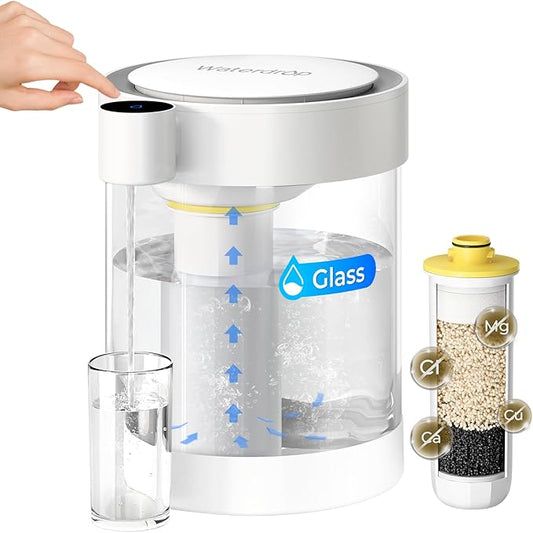 Waterdrop Glass Large 22-Cup Rechargeable Water Filter Dispenser, Reduce 70+ Contaminants, Instant Eco-Friendly Countertop Water Filter System, 5-Stage Soften Water Pitcher, with 1 Filter