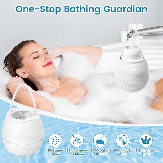 Bath Filter for Tub,Bath Water Filter for Softer Hair&Skin, 10 Stage Filtration bathtub water filter 5,000 Gallons upgraded, 6 Dimensional effect，BPA Free Easy to Install for Home, Hotels&Spa（White）