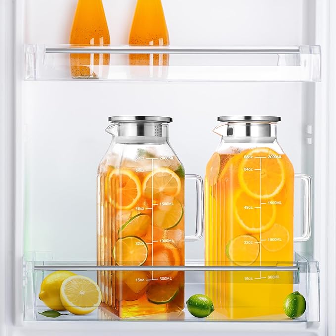 2 Liters/68oz 2 Pack Square Glass Pitcher with Lid and Handle for Bridge Door, Aofmee Borosilicate Glass Heat Resistant Dishwasher Safe Iced Tea Jar, Carafe with Scale Line for Hot/Cold Beverage