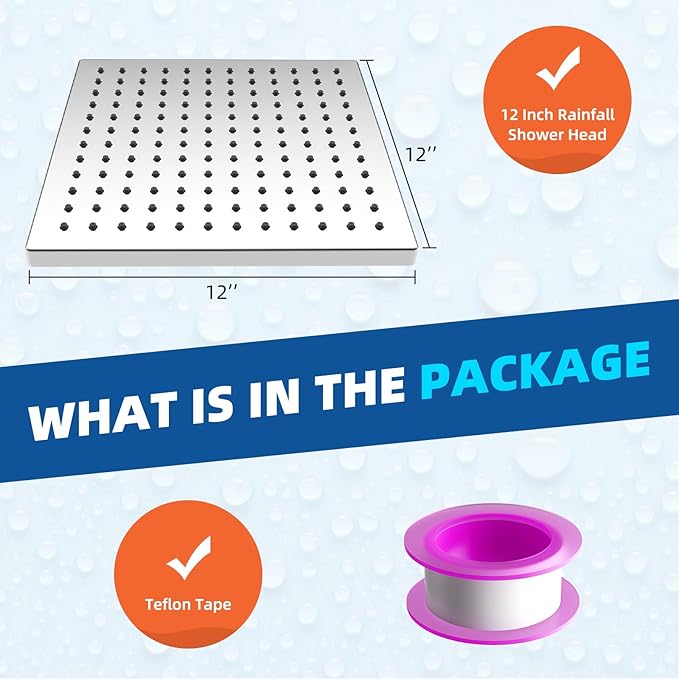 Hibbent Thickness Metal Rain Shower Head, 12 Inch High Pressure Shower Heads, Square Large Bathroom Rainfall Shower Head with Adjustable Brass Ball Joint, Waterfall Full Body Coverage, Chrome