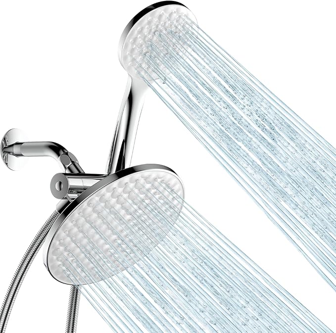 8.6 inch High Pressure 3-Way Shower Heads Combo, Pulsating Rainfall Shower Head, 6-Settings Dual Shower Head with Handheld Hose 6ft Chrome