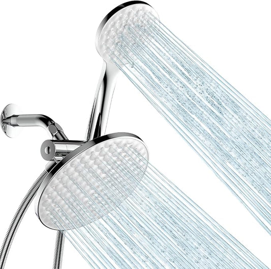 8.6 inch High Pressure 3-Way Shower Heads Combo, Pulsating Rainfall Shower Head, 6-Settings Dual Shower Head with Handheld Hose 6ft Chrome