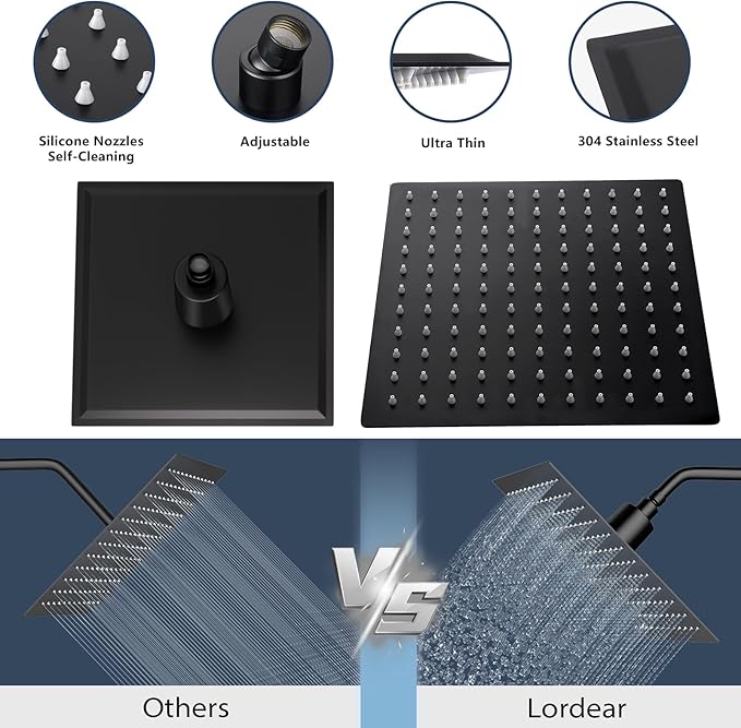 Lordear Filtered Shower Head 12 Inch Stainless Steel Square Shower Head, High Pressure Showerhead for Hard Water,Ceiling or Wall Mounted Waterfall Shower (Matte Black)