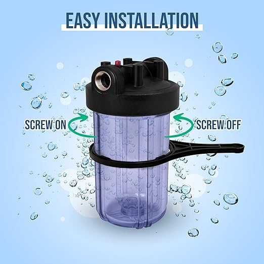 High Capacity 10 x 4.5” Transparent Whole House Water Filter Purifier System with Presser Relief Button, 1” Inlet/Outlet Brass Port & Yearly Supply (3) Coconut Shell Activated Block Carbon Cartridges