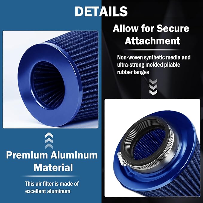 Universal Clamp-On Air Intake Filter, High Performance, Washable Filter, Replacement Air Filter, Flange Diameter 3inch/76mm (Blue)