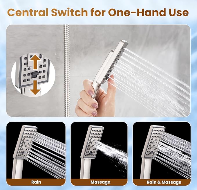 BRIGHT SHOWERS Rain Shower Head with Handheld Spray, 8 Inch Rainfall Shower Head Combo with 60" Hose, Adjustable Dual Square Showerhead Set with 3-Way Diverter, Wall Bracket, Brushed Nickel