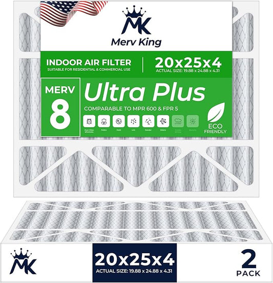 MervKing 20x25x4 Air Filter Actual Size: 19.88" x 24.88" x 4.31" MERV 8 MPR 600-700 | MADE IN USA | 2-Pack | Pleated HVAC AC Furnace Replacement