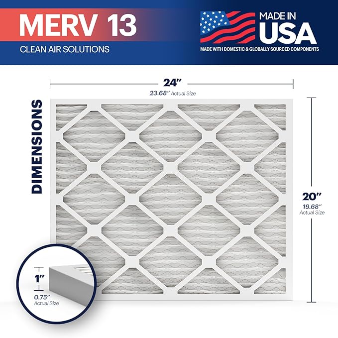 BNX TruFilter 20x24x1 Air Filter MERV 13 (6-Pack) - MADE IN USA - Electrostatic Pleated Air Conditioner HVAC AC Furnace Filters for Allergies, Pollen, Mold, Bacteria, Smoke, Allergen, MPR 1900 FPR 10