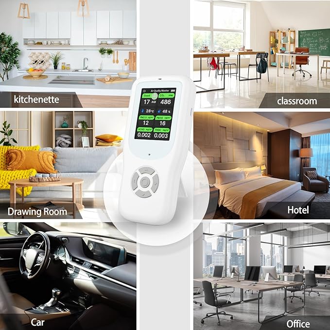 11-in-1 Air Quality Monitor - Portable Indoor Air Quality Detector with Stand, Real-Time Test for AQI, CO2, PM2.5, PM1.0, PM10, TVOC, HCHO, Particles, Temperature & Humidity with Aler (White-Black)