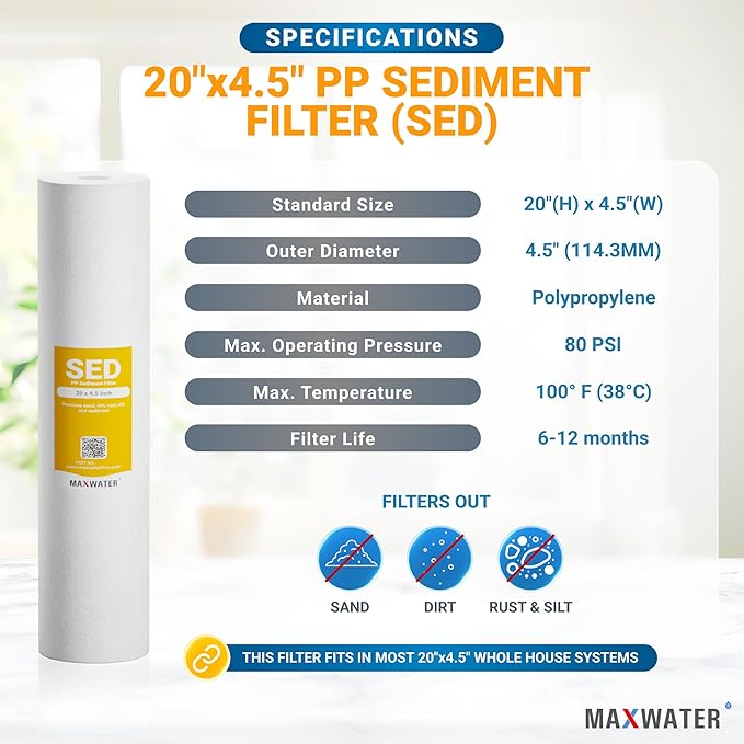 Max Water 1 Micron 20 x 4.5 Sediment Filter 20 inch Whole House BB Water Filteration System Replacement Compatible Cartridge DGD-5005-20, FP25B, AP810-6, FPMB5-20, P5-20, 155358-43, SDC-45-2005