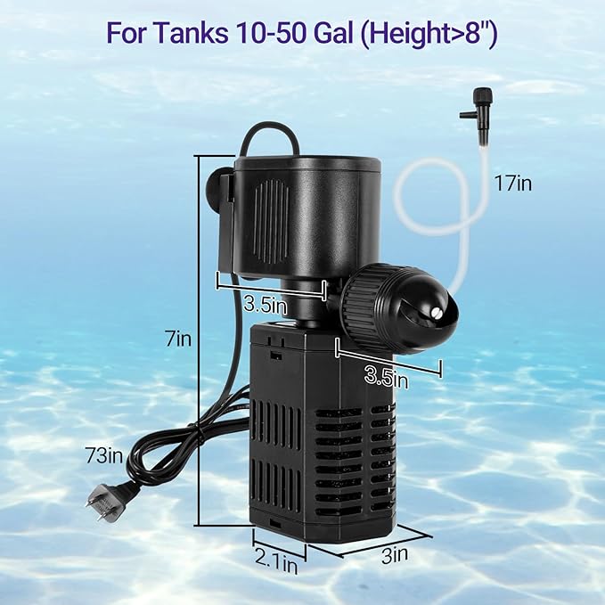 OiiBO 11W Aquarium Internal Filter, 317 GPH Fish Tank With Adjustable Aeration System, 360 Wave-Maker Submersible for 10-50 Gallon Tank - Black