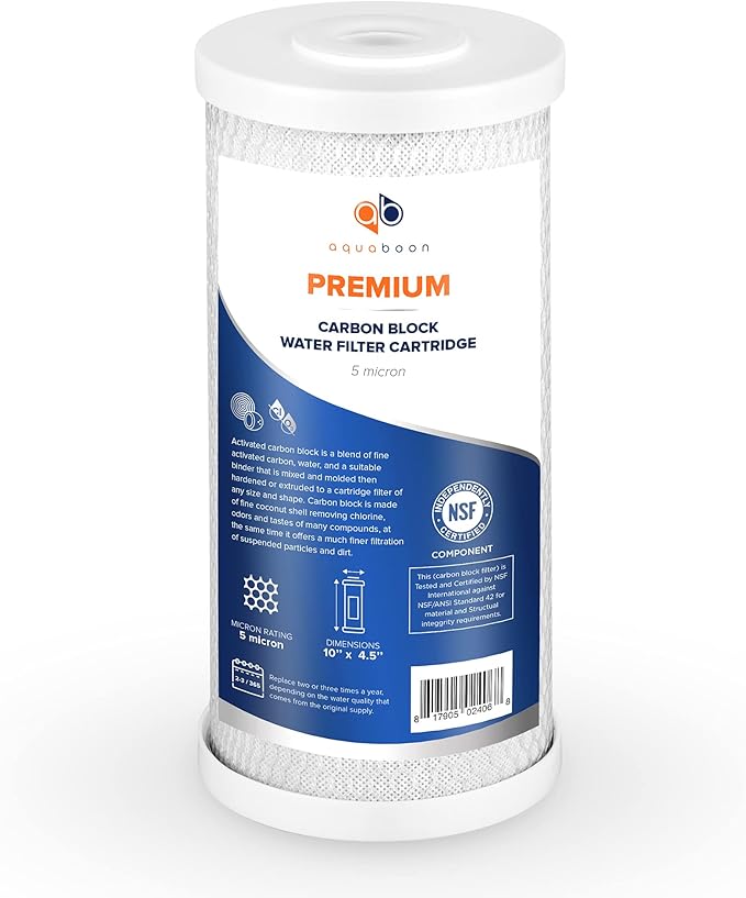 Aquaboon 5 Micron 10 x 4.5 Premium Carbon Filter Cartridge Whole House CTO Block Water Filter Replacement Compatible with FXHTC, CB-BB-10, 6-Pack