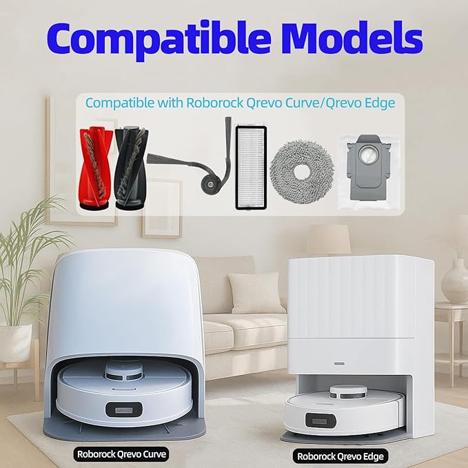 Replacement Parts Accessories Kit Compatible with Roborock Qrevo Curv/Qrevo Edge/Qrevo S5V/Curv S5X/Edge S5A Robot Vacuum Cleaner 1 Dual Main Brush,6 Side Brushes,4 Hepa Filters,4 Mop Pad,4 Dust Bags