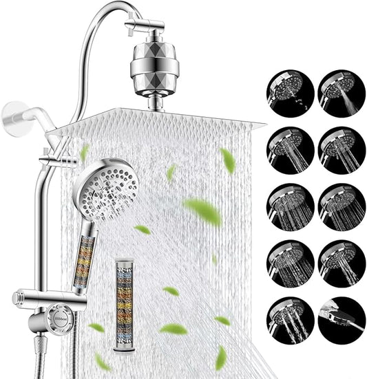 Hibbent Dual Filter All Metal 12" Rainfall Showerhead Combo, High Pressure Filter Shower Head with 10-Spray Mode Handheld, 4-way Diverter with Pause Mode, 71'' Shower Hose and Holder, Chrome