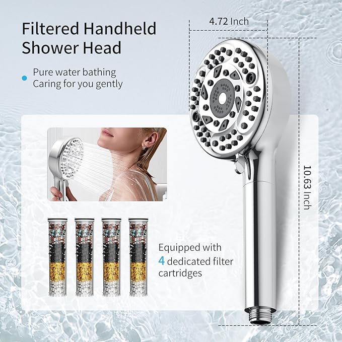 Filtered Shower Head with Handheld, 9 Spray Mode High Pressure Shower Head with 4 Filters, Hard Water Filter Showerhead - Remove Chlorine, Chrome