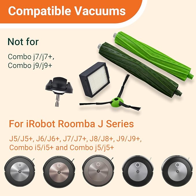 Replacement Parts Compatible with iRobot Roomba J7 J7+ J5 J5+ J6 J6+ J8 J8+ J9 J9+ i e j Series Vacuum Cleaner Accessories Kit,Front Caster Wheel,Rubber Brushes,6 HEPA Filters,6 Side Brushes