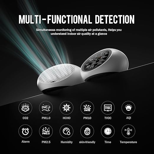 12 in 1 Air Quality Monitor Indoor, Portable Indoor Air Quality Meter for CO2, Temperature (°F), Humidity, VOC, PM2.5, PM1.0, PM10 & Time Display, CO2 Detector for Home