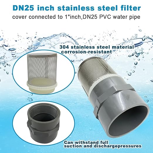 1 inch Stainless Steel Filter Cover Connected to 1 inch/DN25 Grey PVC Filter Water Pipe, Vent Cap Suction Strainers Used to Remove Debris and Reduce Solid Entry(1pcs)