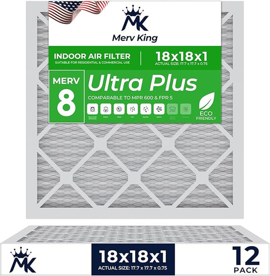 MervKing 18x18x1 Air Filter Actual Size: 17.7" x 17.7" x 0.75" MERV 8 MPR 600-700 | MADE IN USA | 12-Pack | Pleated HVAC AC Furnace Replacement