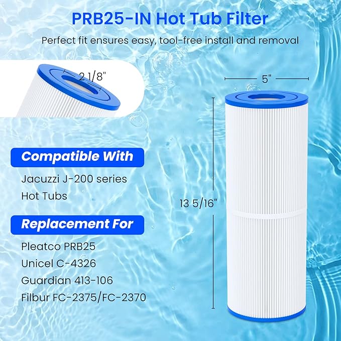 Future Way PRB25-IN Hot Tub Filter Replacement for Pleatco PRB25, Unicel C-4326, Guardian 413-106, Filbur FC-2375/FC-2370, 5X13 Drop in Spa Filter, 25 sq.ft, 2 Pack