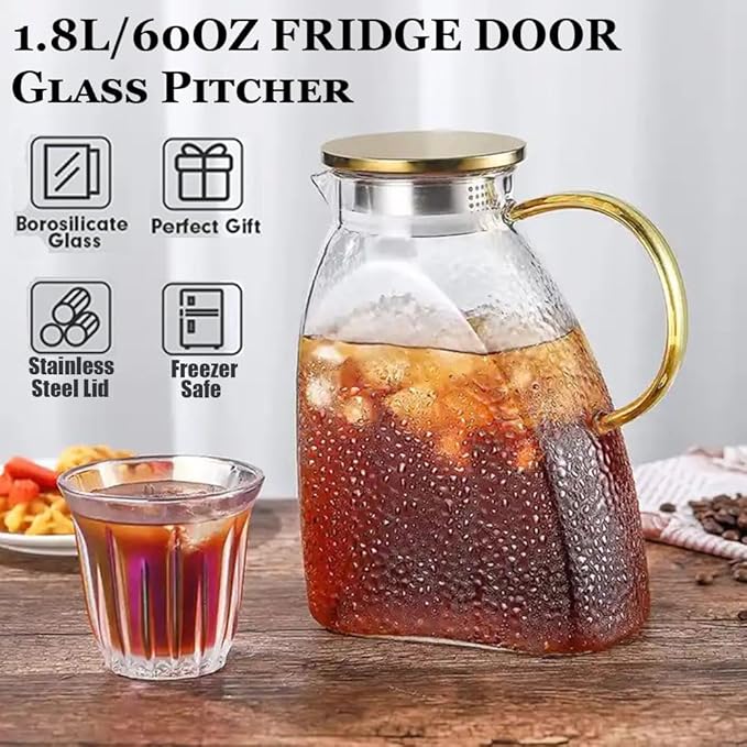 1.8L Glass Pitcher with Stainless Steel Gold Lid - Ideal Fridge Door Water Pitcher for Hot or Cold Beverage, Iced Tea, Juice, Milk, Coffee, Lemonade