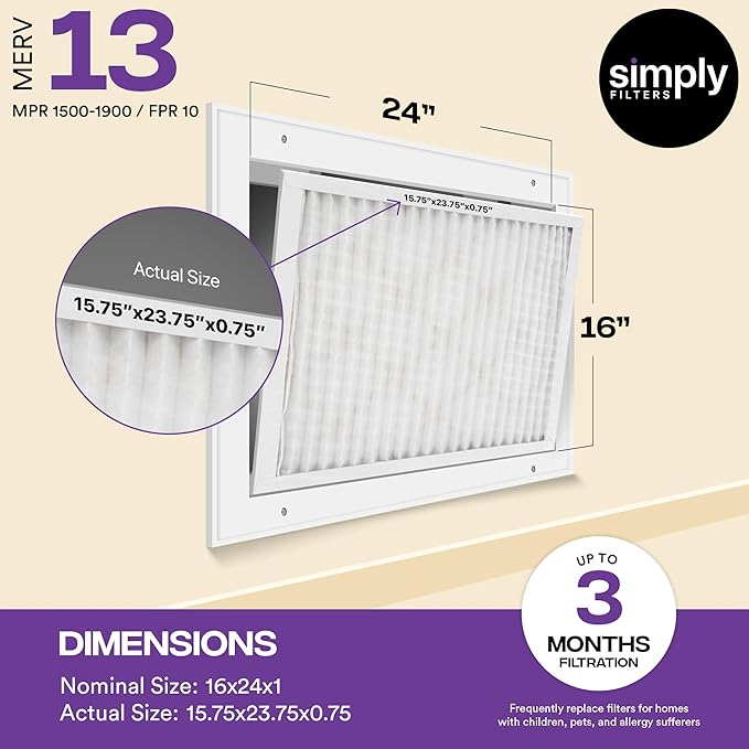 Simply 16x24x1 Air Filter, Merv 13, MPR 1500, 6 Pack, For Home AC Furnace & HVAC (Actual Size: 15.75"x23.75"x0.75") DUST, Pet, & Allergy Control