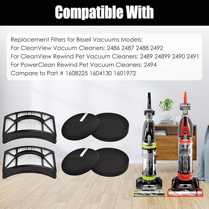 ANBOO HEPA Filter Replacement for Bissell CleanView/PowerClean Rewind Pet Vacuums 2486 2487 2488 2489 24899 2490 2491 2492 2494, Part # 1604130 1601972 1608225, 2 HEPA Filters, 3 Foam & Felt Filters