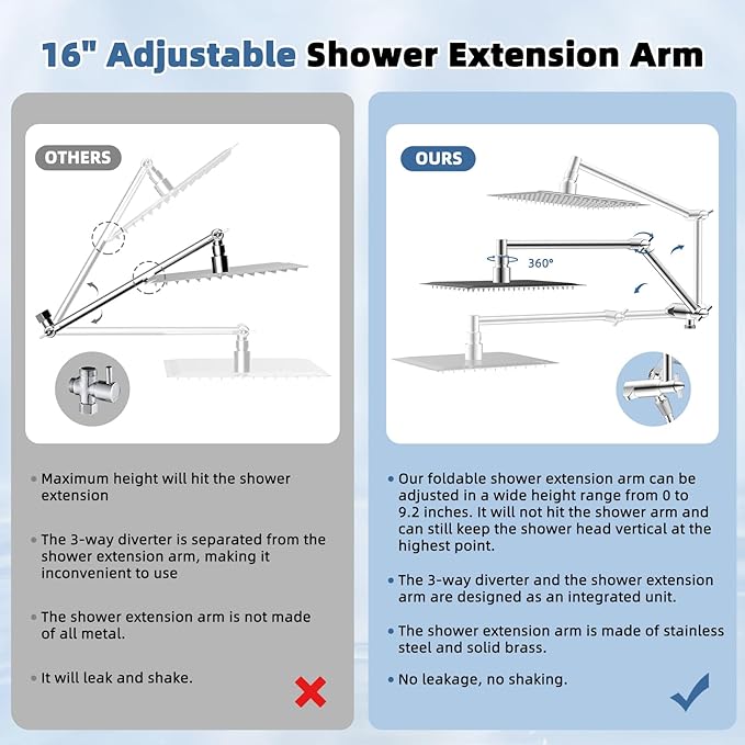 iFealClear Metal Rain Shower Head, 10” High Pressure Rainfall Shower Head with Handheld Spray Combo, 10-Spray Handheld Built-in Power Wash, 16" Shower Extension Arm, 71" Hose, 3-Way Diverter, Chrome