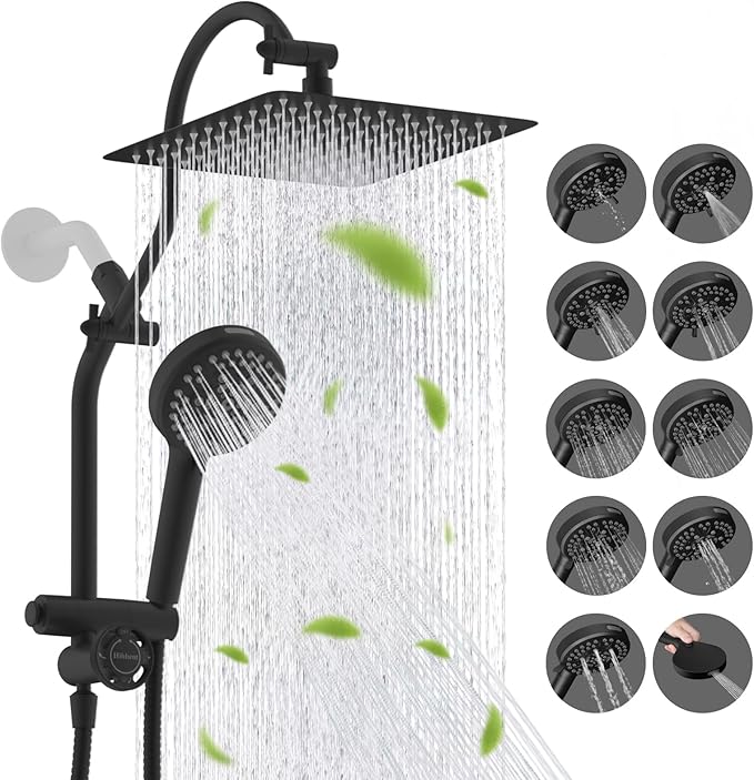 Hibbent Upgraded All Metal 10"Rainfall Showerhead Combo, High Pressure Shower Head with 10-Spray Mode Handheld, Innovative 4-way Diverter with Pause Mode, 71'' Shower Hose and Handheld Holder, Black