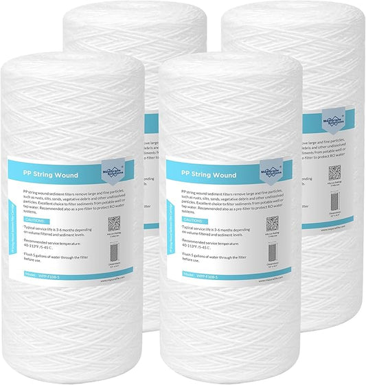 Membrane Solutions 5 Micron 10"x4.5" String Wound Whole House Water Filter Replacement Cartridge Universal Sediment Filters for Well Water - 4 Pack