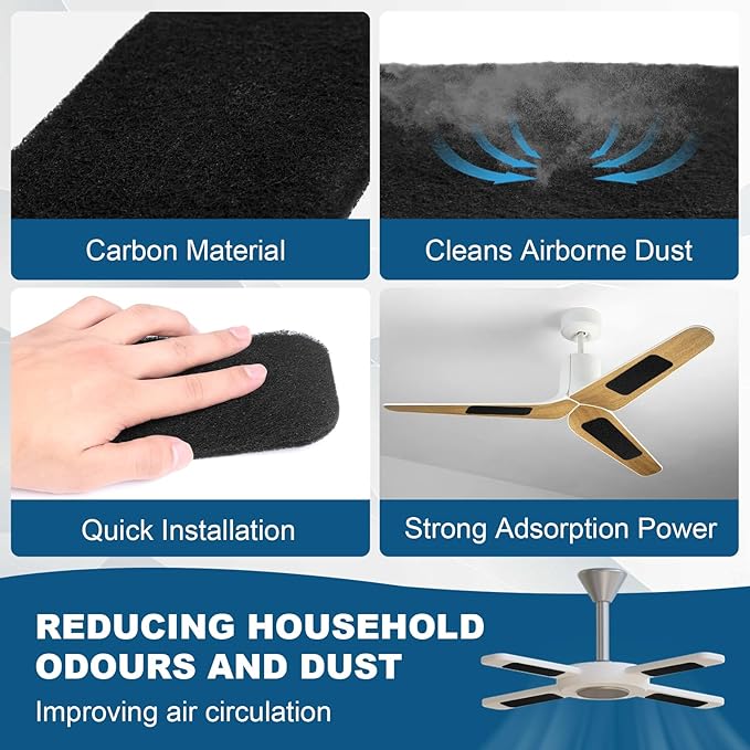 Storystore 22 Pack Ceiling Fan Filters for Blades - 3.5" x 10" Activated Coconut Carbon Filters for Fan, Self-Adhesive Filter Pads, Universal Fit Most Standard Household Fans (Black)