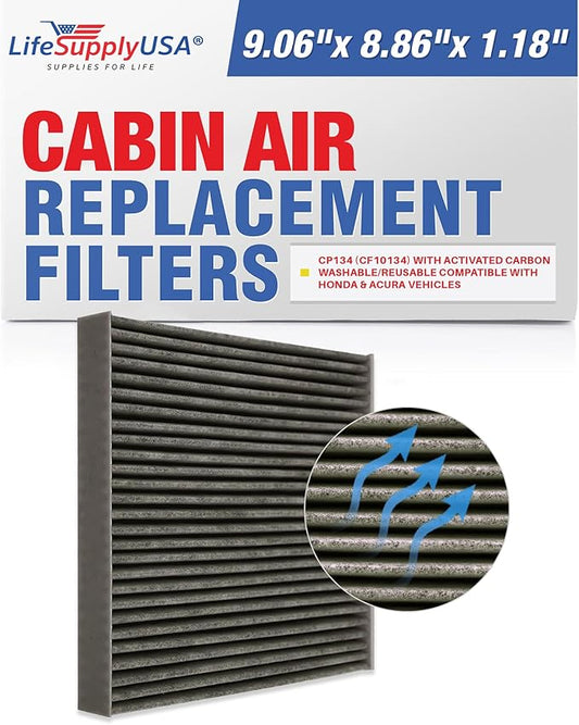 LifeSupplyUSA Replacement Premium Cabin Air Filter Replacement CP134 (CF10134) with Activated Carbon Washable/Reusable Compatible with Honda & Acura Vehicles