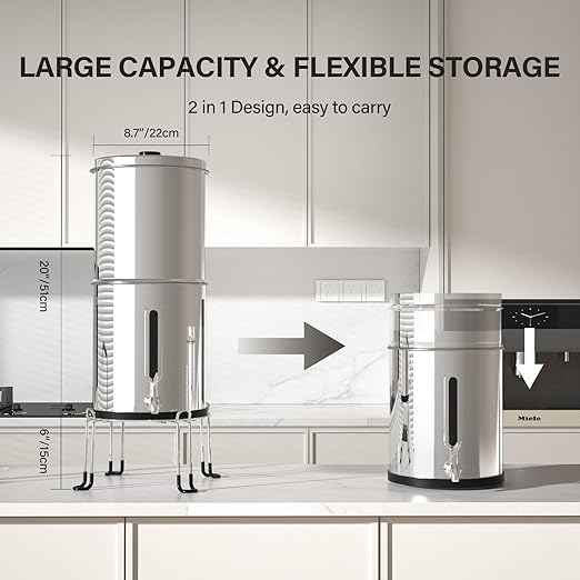 2.25G Gravity Water Filtration System - Water Level Window, NSF/ANSI 42&372 Certification,18/8 Stainless Steel Countertop Water Filter System - Reduce Up to 99.9% Chlorine, for Home, RVing
