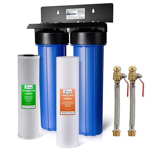 iSpring WGB22B 2-Stage Whole House Water Filter System, Reduces Chlorine, Sediment Water Filtration System for Home w/ 3/4'' Push-Fit Braided Stainless Steel Hose Connectors and Ball Valve