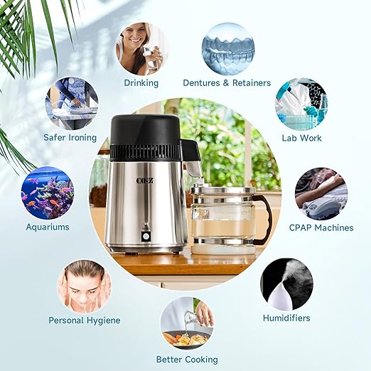 CO-Z 4L Brushed Stainless Steel Countertop Distiller Machine, Home Distilled Water Maker with Glass Pot, Purifier to Make Clean Water