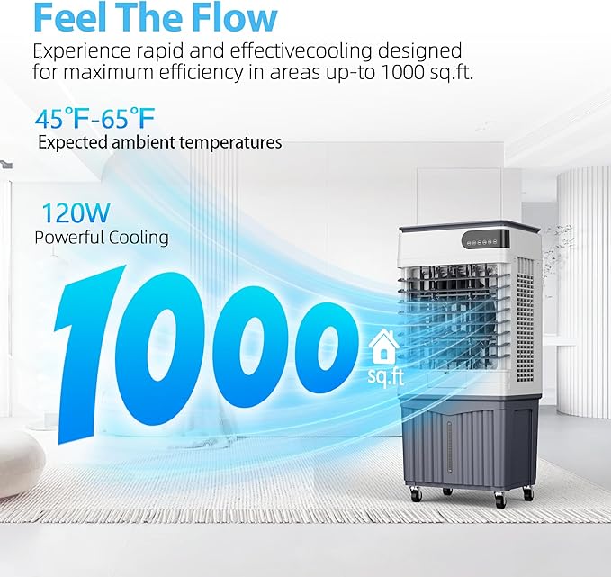Swamp Cooler Air Conditioners, Large 13.3-Gal Tank for 7d Cooling, 4-IN-1 Portable Evaporative Cooler with LED Touch Screen, 3 Fan Speeds,12H Timer and Remote, 1000 sq ft, Ideal for Large Rooms