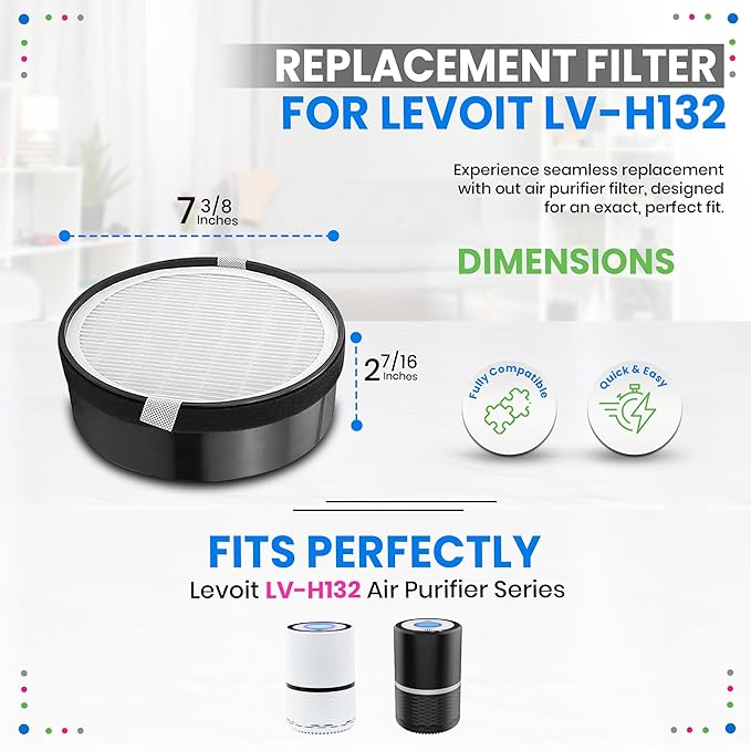 Bagean LV-H132 Replacement Filter Compatible with Levoit Filter Replacement for Levoit Air Purifier - H13 True HEPA Filters captures 99.97% particles and Activated Carbon Freshens the Air (4-Sets)