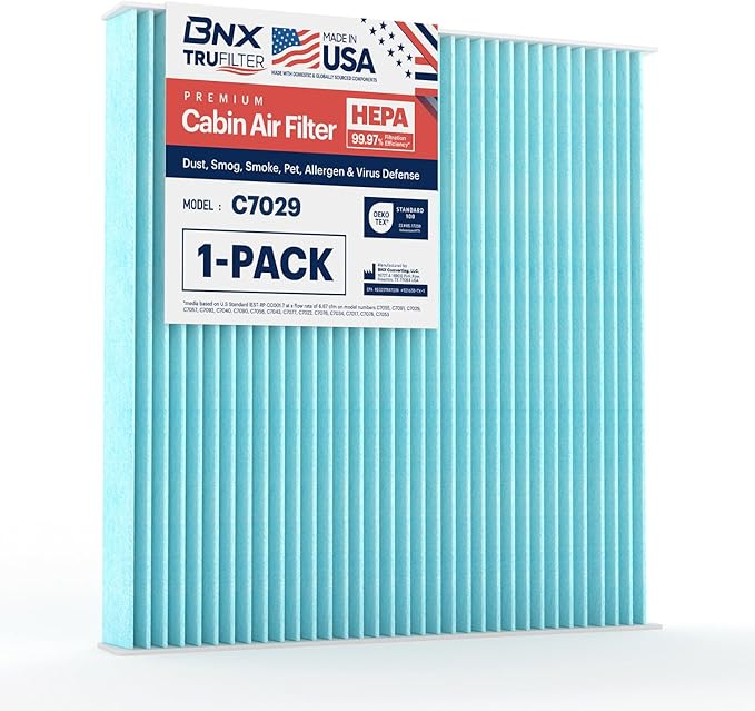 BNX TruFilter C7029 Cabin Air Filter, HEPA 99.97%, Compatible With Honda: Accord, Civic, Crosstour, CR-V, Odyssey, Passport, Pilot, Ridgeline; Acura: ILX, MDX, RDX, RL, RLX, TL, TLX, TSX, ZDX, CSX