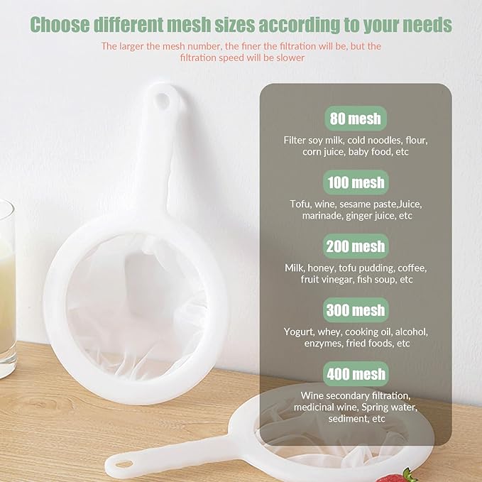 2 Pack Fine Nylon Mesh Strainer,Reusable Mesh Filter Bags for Filter NutMilk, Coffee, Milk, Butter, Juices and Fresh Cheese (300 Mesh)