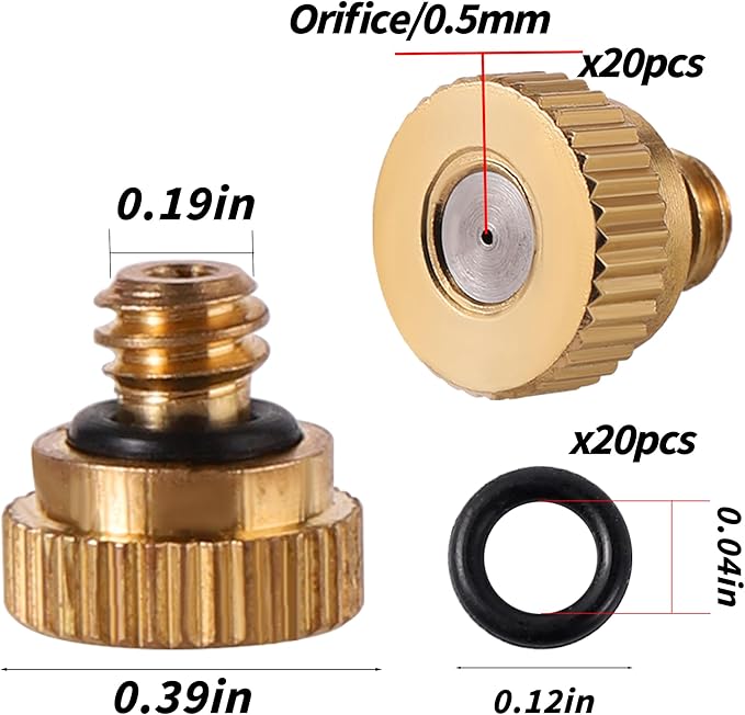 20 Pack Brass Misting Nozzles with 20Pc Brass Misting Nozzles O Ring,Heavy Duty Misting Nozzle 0.02" Orifice (0.5 mm)10/24 UNC for Outdoor Cooling System Dust Control