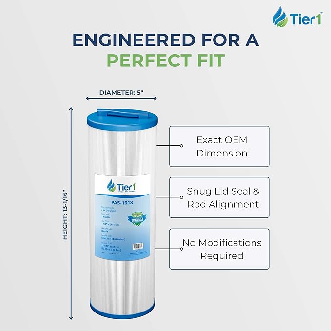 Tier1 Replacement for Waterway Spa Filter 817-4050 | Compatible with Teleweir 50, Pleatco PWW50L, FC-0172, 4CH-949 | 13-1/16" x 5" | Trilobal Fabric | High Flow | Washable Spa Filter Cartridge