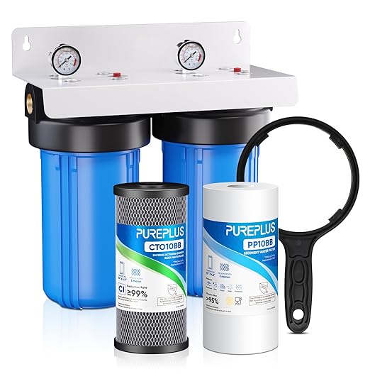 PUREPLUS 2-Stage Whole House Water Filtration System, 10"x4.5" Universal Home Filtration, with Sediment, Carbon Block Filter, Reduce Chlorine, Taste, Odor, Includes Pressure Gauges, 1" Inlet/Outlet