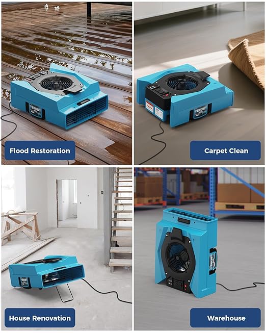 ALORAIR Zeus 900 Air Mover Commercial Blower for Carpets, Walls, Plumbing Use, Variable Speed Floor Blower Fan, 950 CFM with 1.8 Amps, Circuit Breaker Protection,on-Board Duplex GFCI, Blue