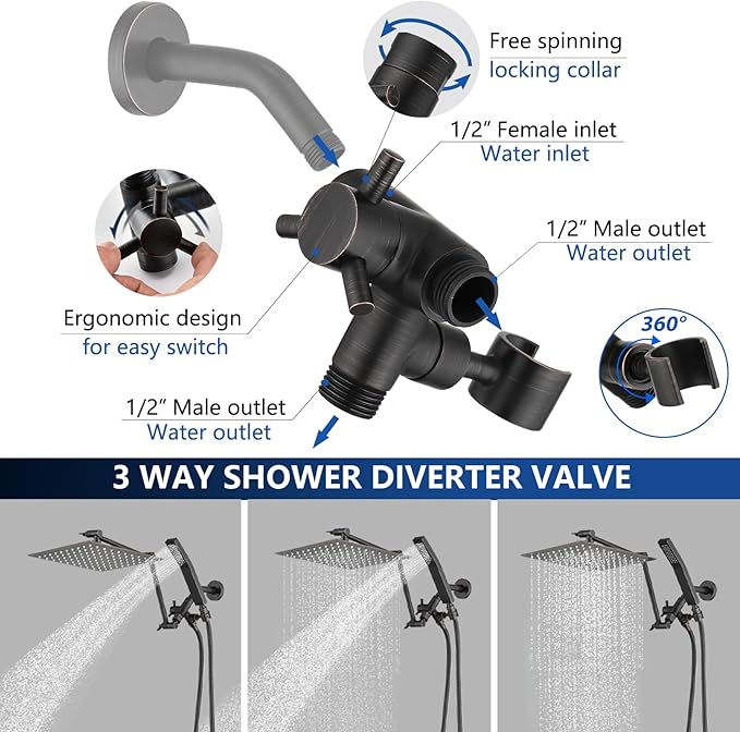 PDPBath All Metal 12" Rainfall Shower Head with 16" Upgrade Flexible Extension Arm, Shower Head with Handheld Combo,70" Extra Long Shower Hose, 3-Way Diverter,Matte Black