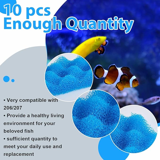 Maxcheck 10 Pcs Bio Sponge Foam Compatible with 206/207 Foam Filters Media Replacement Sponges for Aquarium Filters Fish Tank Accessories, Blue