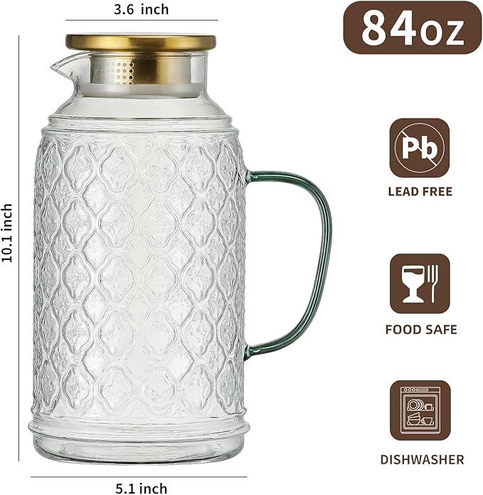 Glass Pitcher with Lid,84 oz/2.5 Liter Vintage Water Pitcher, Clear Borosilicate Glass Water Carafe for Cold Brew, Coffee, Lemonade, Iced Tea, Juice, Beverage, Heat Resistant Water Glass Jug