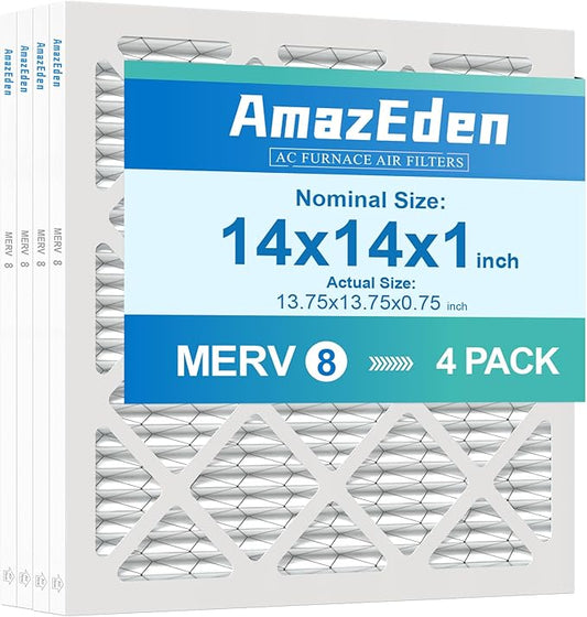 14x14x1 Air Filter MERV 8 (4-Pack) MPR 600 FPR 5 HVAC AC Furnace Pleated Filters Dust Defense Replacement for Home Office (Actual Size: 13.75x13.75x0.75 Inches)