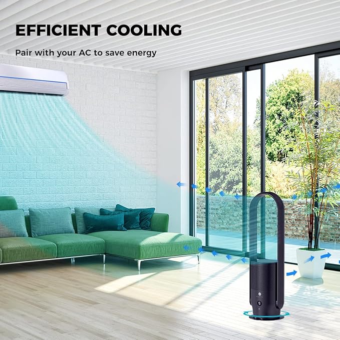 U ULTTY Bladeless Tower Fan and Air Purifier in one, True HEPA Filter 99.97% Smoke Dust Pollen Dander, Oscillating Tower Fan with Remote Control CR022D, Black