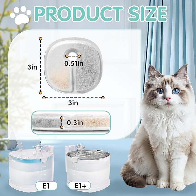 12 Packs Cat Water Fountain Filter Replacements Compatible with E1/E1+ Cat Fountain (2L/67oz), Triple Filtration System Pet Water Dispenser Filter