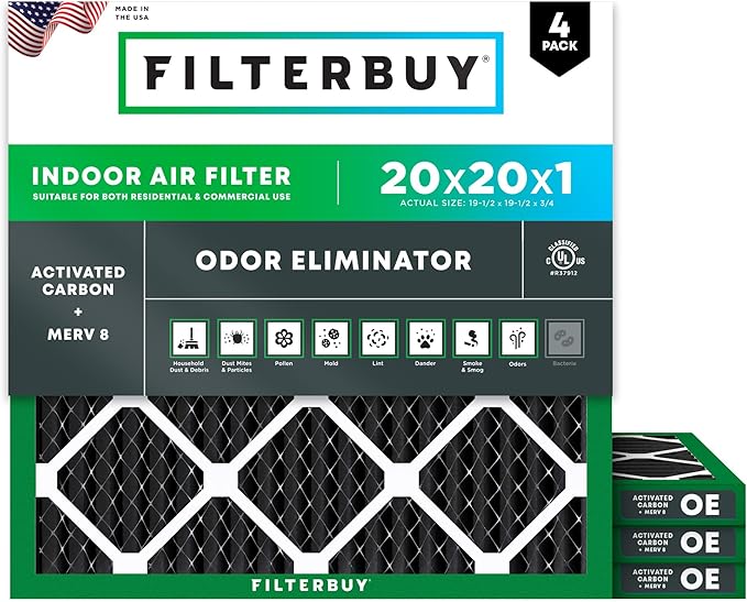 Filterbuy 20x20x1 Air Filter MERV 8 (MPR 700) Odor Eliminator Replacement (4-Pack), Electrostatic Pleated HVAC AC Furnace Filters w/Activated Carbon, Made in USA (Actual Size: 19.50 x 19.50 x 0.75)